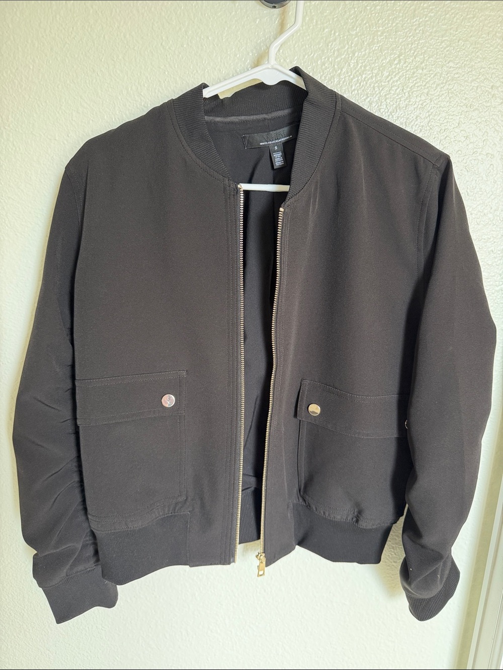 White House Black Market Black Bomber Jacket with Gold Zip